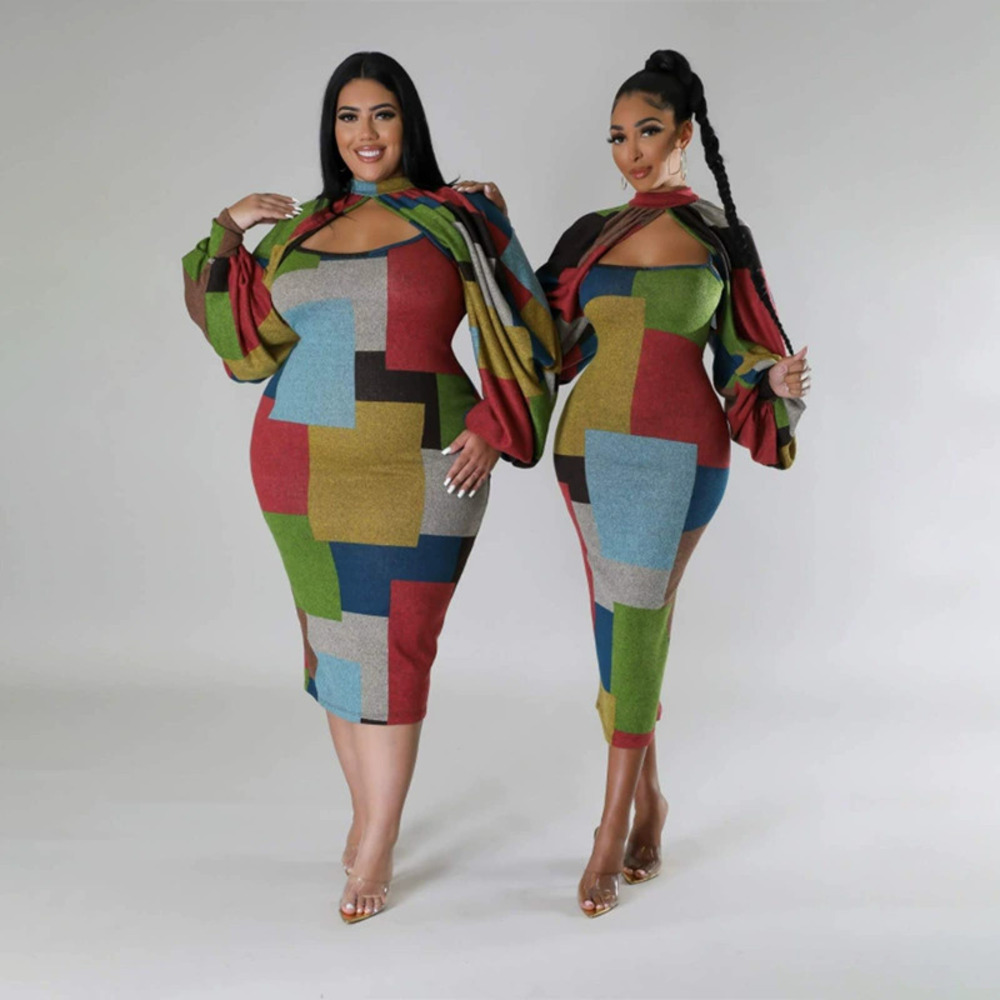 ZARA Womens Fashion Patchwork Color Block Print Long Sleeve Plus Size Dress